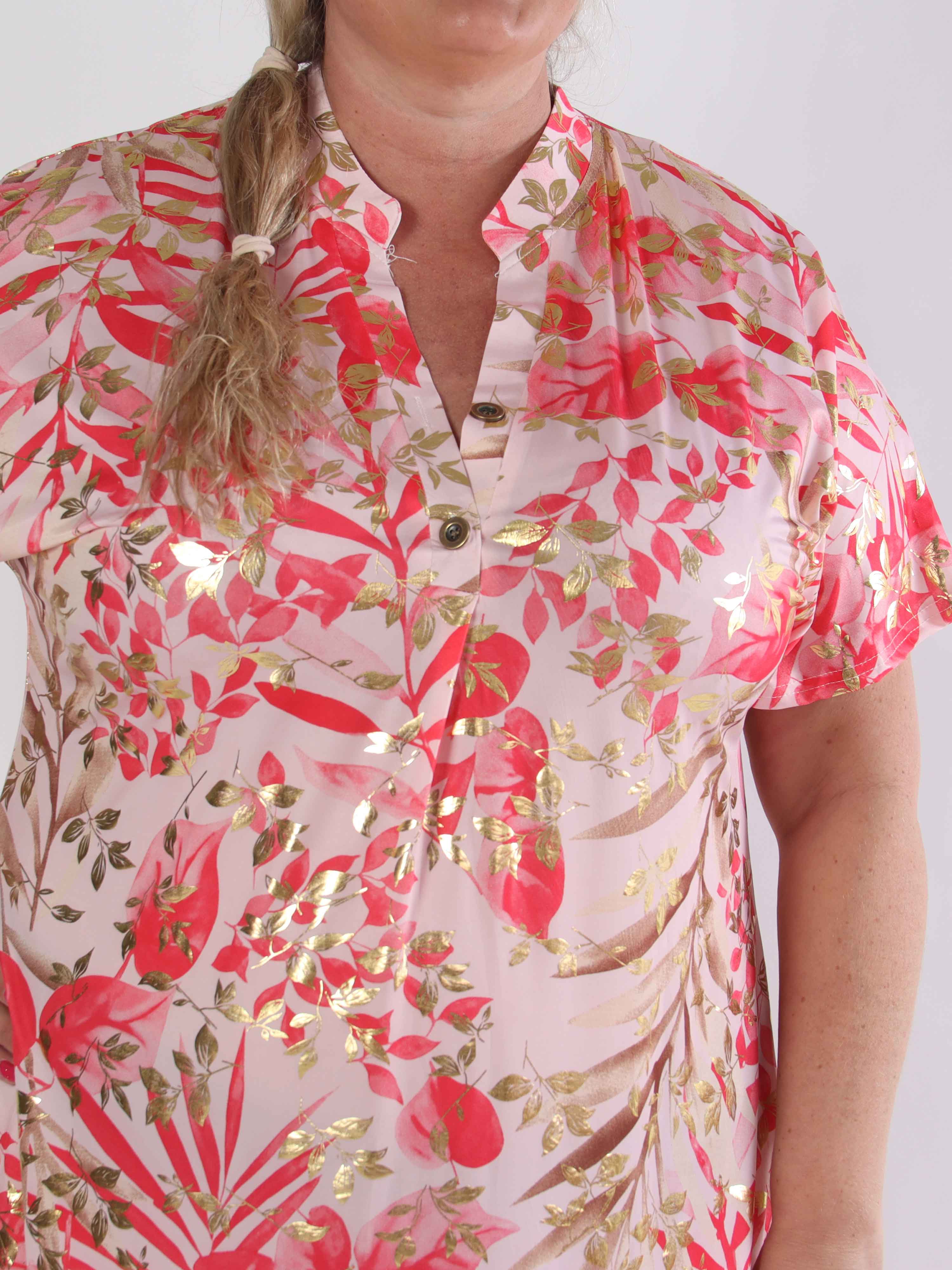 Ebba Gold Leaf Sleeveless - Plus size skjortklänning i stretchigt tyg med bladtryck